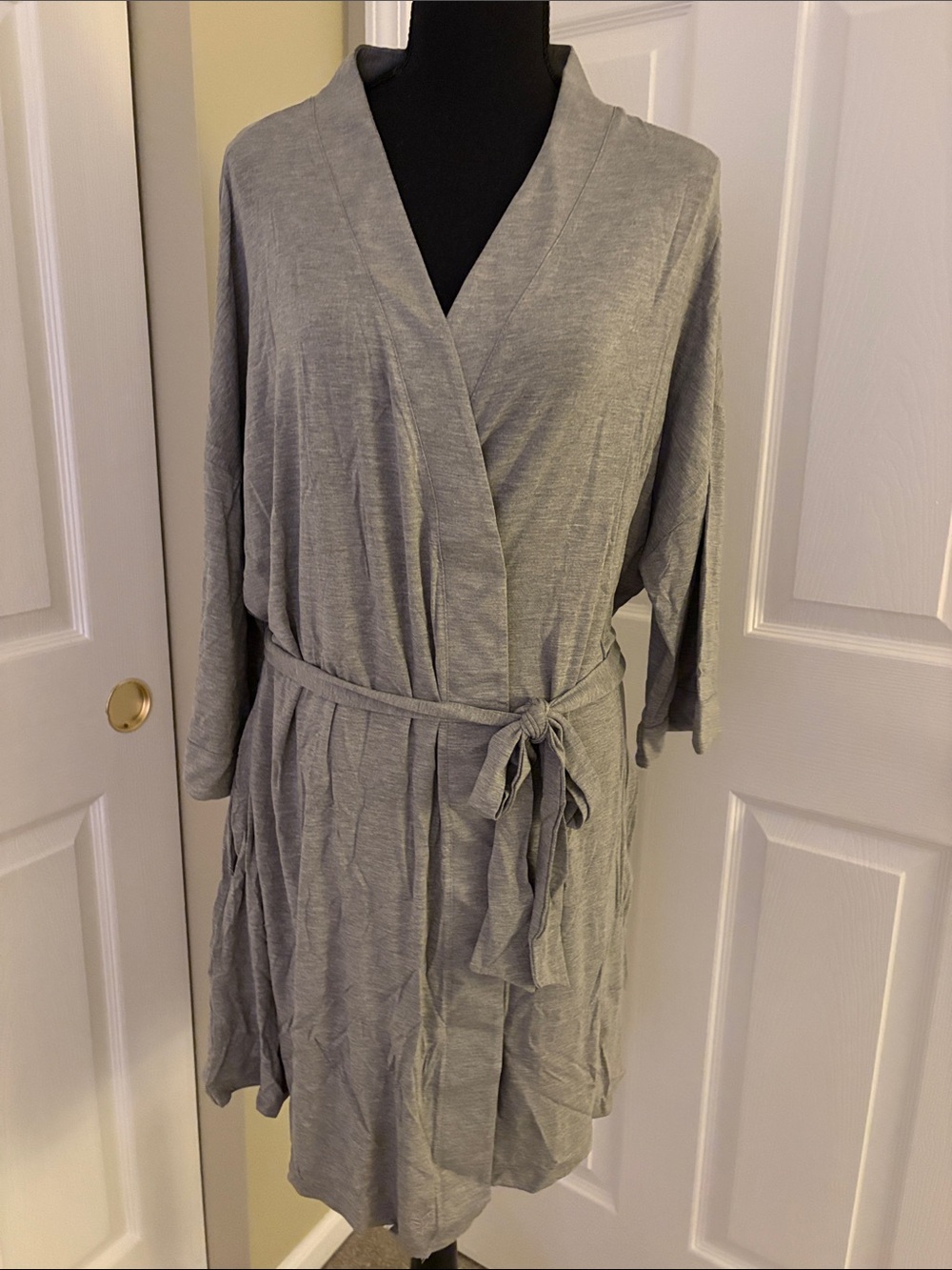 Light Gray Kimono Wrap Robe with Self-Tie Waist